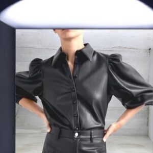Marc New York by Marc Andrew Faux Leather Black Puff Sleeve Shirt Sz 3X